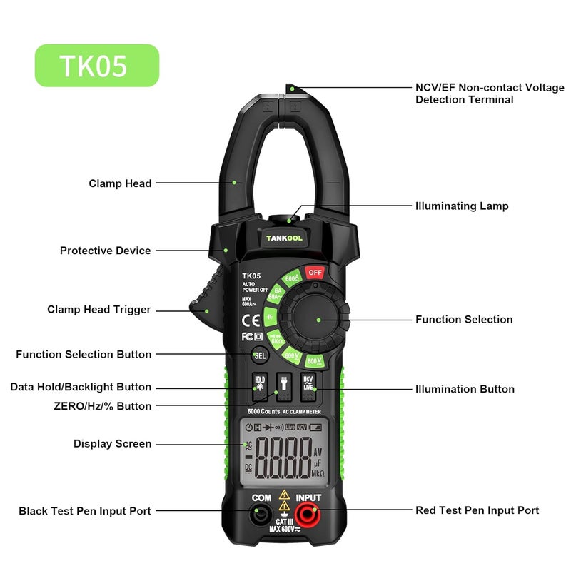 TANKOOL Digital Clamp Meter Multimeter Tester T-RMS 6000 Counts, Auto-ranging Voltage Amp Tester with NCV Measures AC/DC Voltage, AC Current, Resistance, Capacitance, Continuity, Diode - Image 2